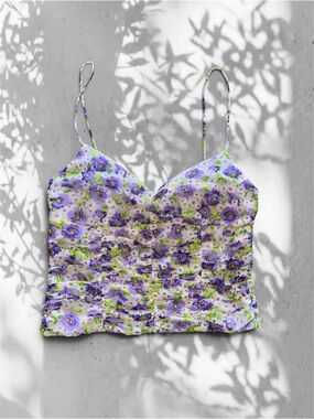 Zara Floral Sweetheart Cami Tank Top in Purple - Size M